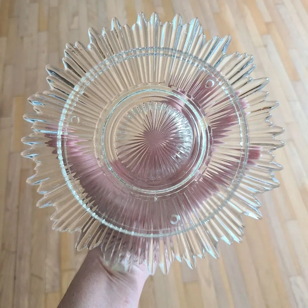 Vintage Art Deco Pressed Glass Starburst 3-Chain Ceiling Light Fixture Shade 9